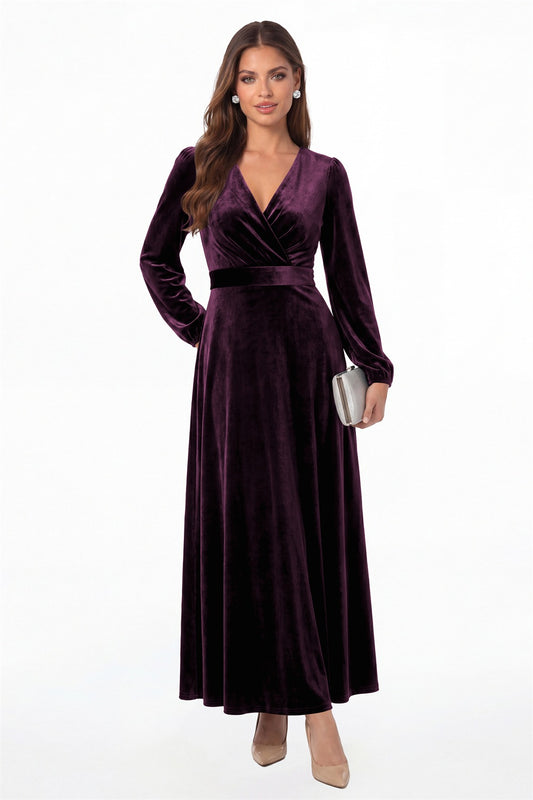 Plum V-Neck Long Sleeve Velvet A-Line Maxi Gown - Front View