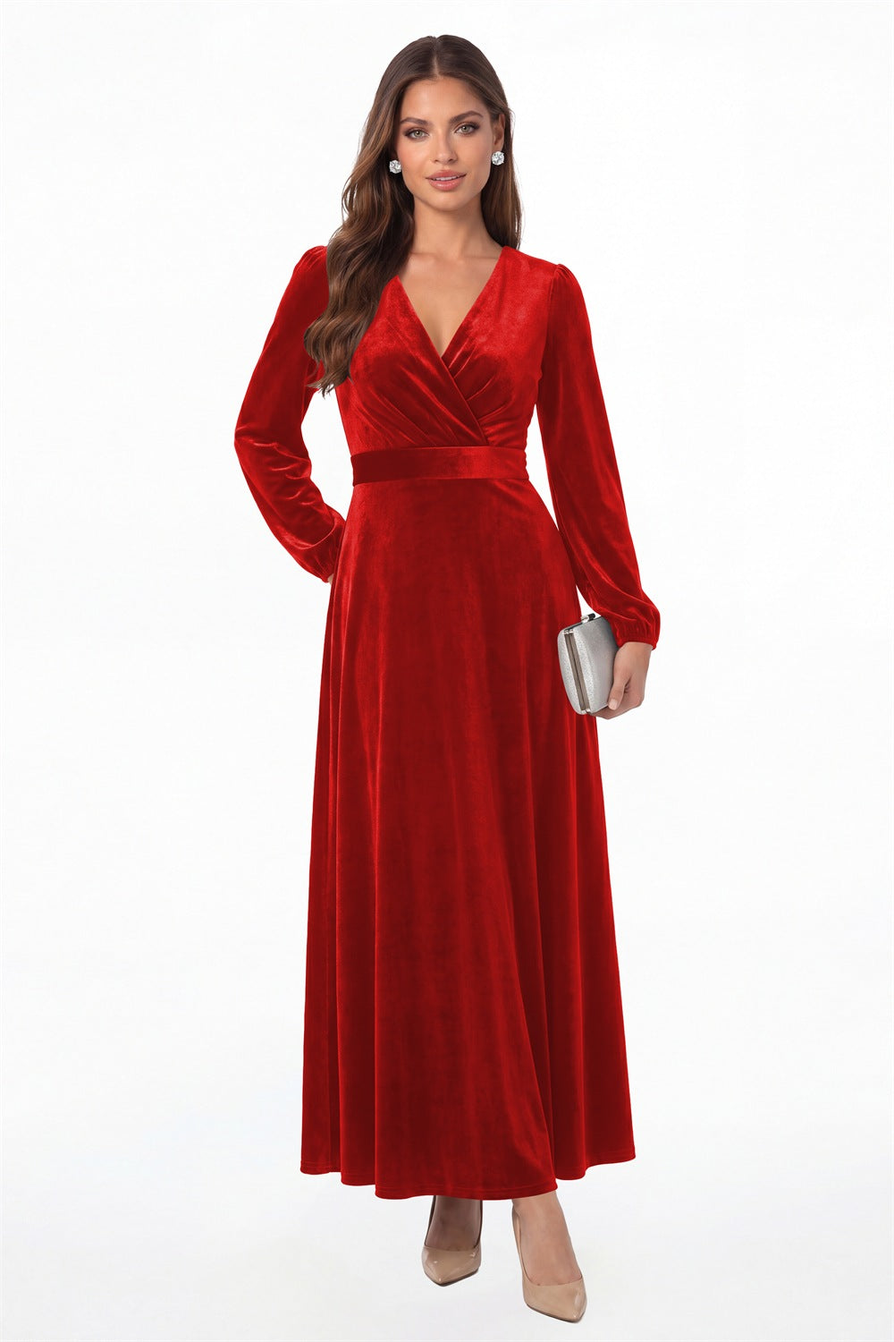 Red V-Neck Long Sleeve Velvet A-Line Maxi Gown - Front View