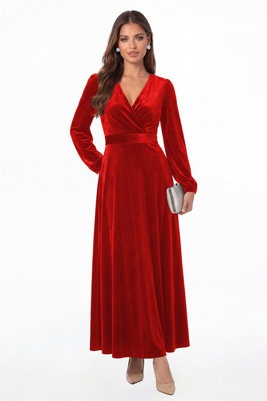 Red V-Neck Long Sleeve Velvet A-Line Maxi Gown - Front View