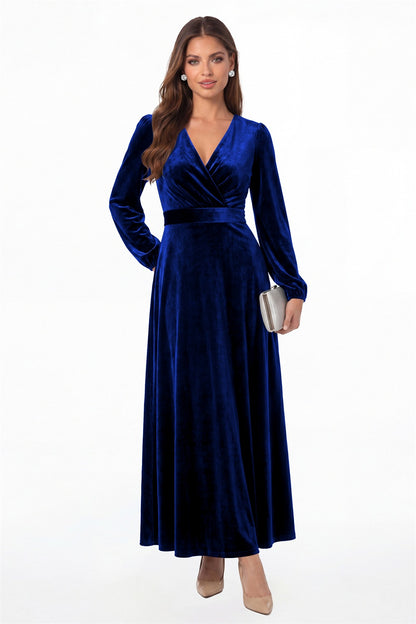 Royal Blue V-Neck Long Sleeve Velvet A-Line Maxi Gown - Front View
