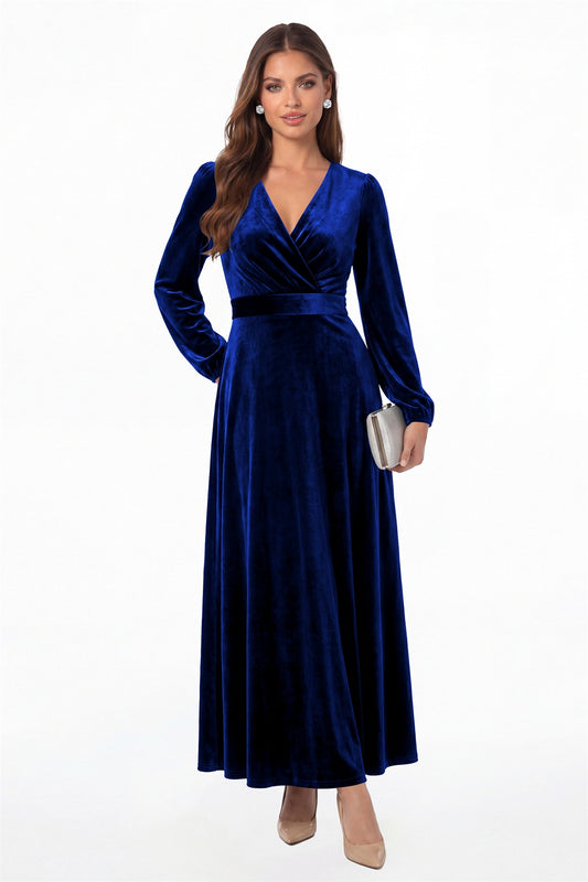 Royal Blue V-Neck Long Sleeve Velvet A-Line Maxi Gown - Front View
