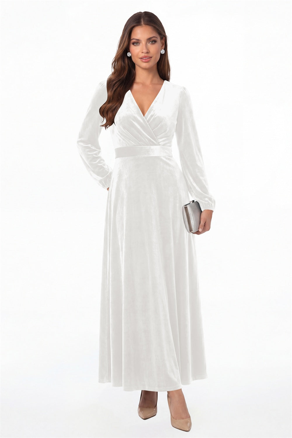 White V-Neck Long Sleeve Velvet A-Line Maxi Gown - Front View