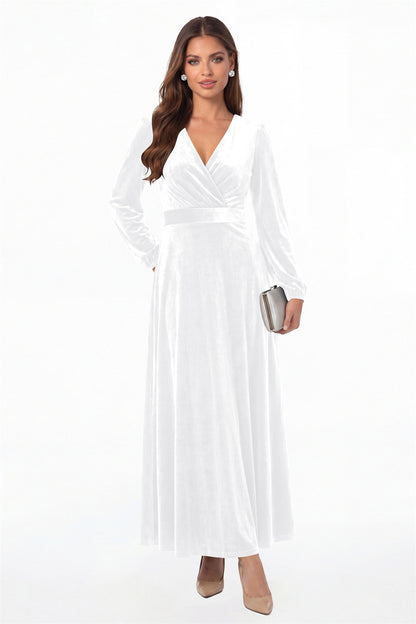 White V-Neck Long Sleeve Velvet A-Line Maxi Gown - Front View