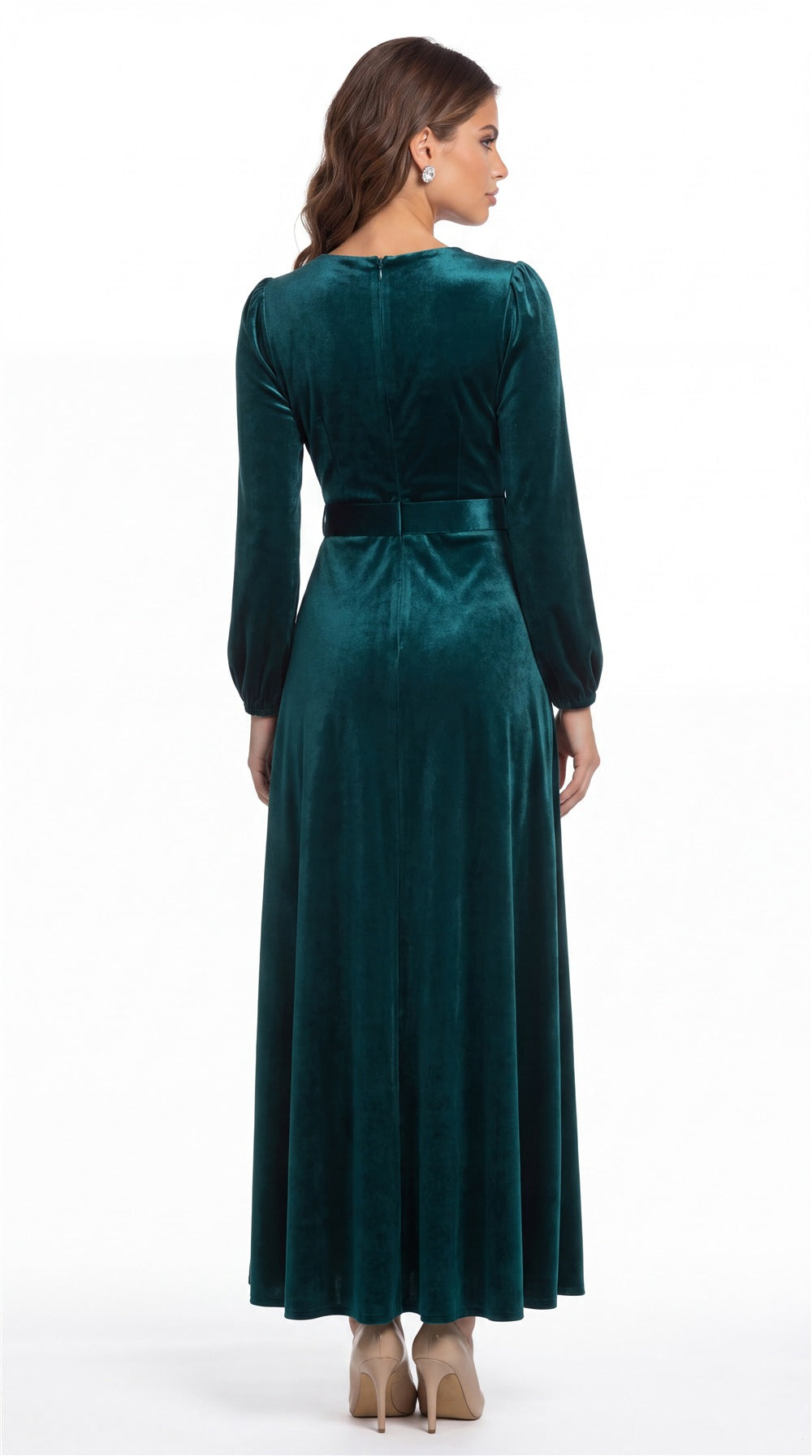 INEWER V-Neck Long Sleeve Velvet A-Line Maxi Gown - Back View