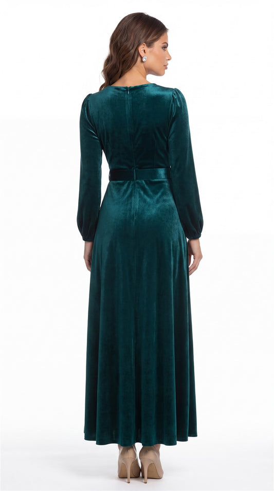 INEWER V-Neck Long Sleeve Velvet A-Line Maxi Gown - Back View