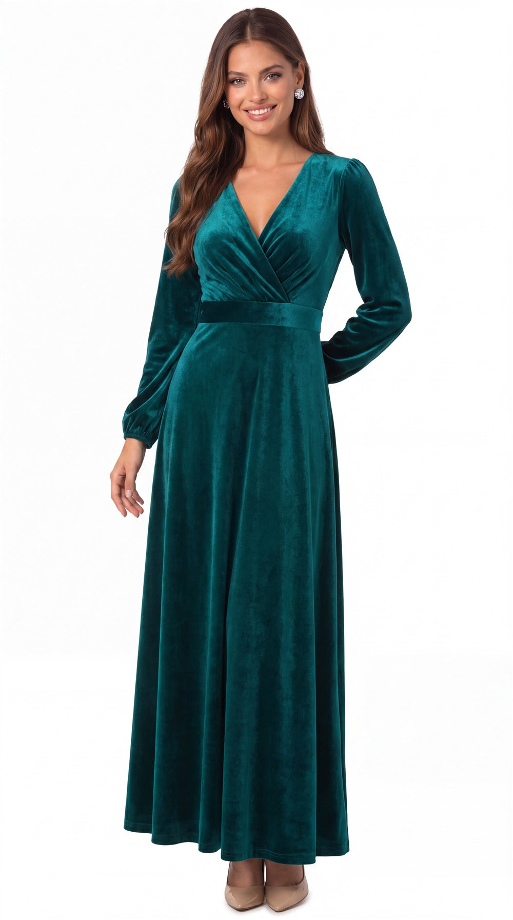 INEWER V-Neck Long Sleeve Velvet A-Line Maxi Gown - Detail View 2
