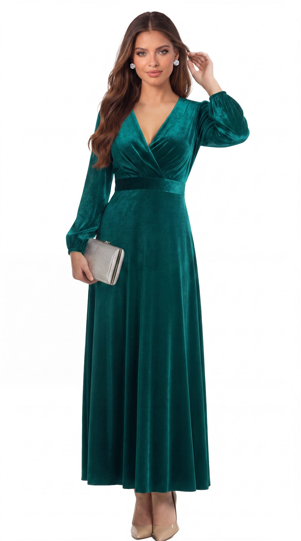 INEWER V-Neck Long Sleeve Velvet A-Line Maxi Gown - Detail View 3