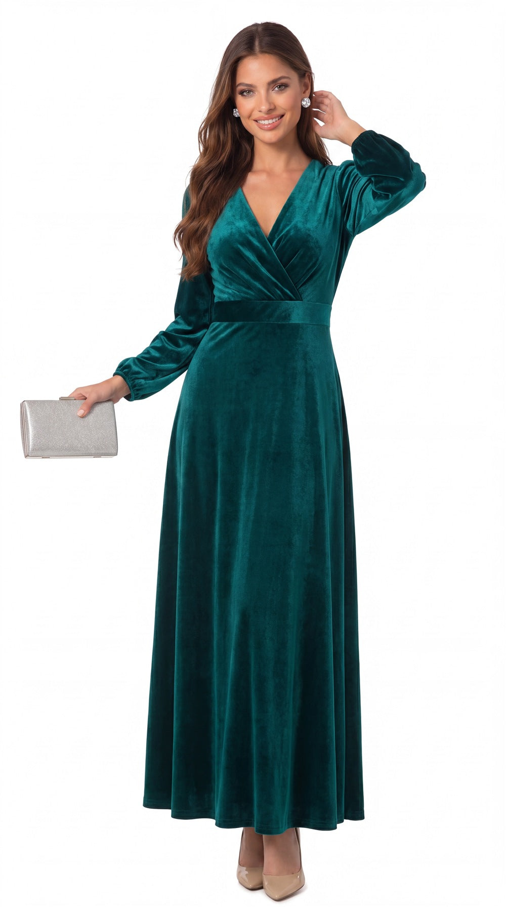 INEWER V-Neck Long Sleeve Velvet A-Line Maxi Gown - Detail View 4