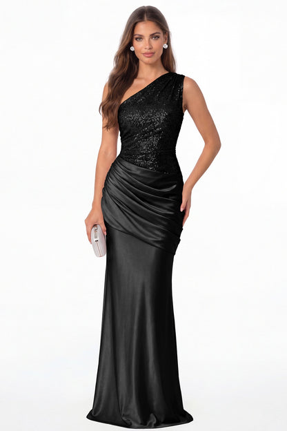 Black One Shoulder Sequin Satin Maxi Prom Gown - Front View