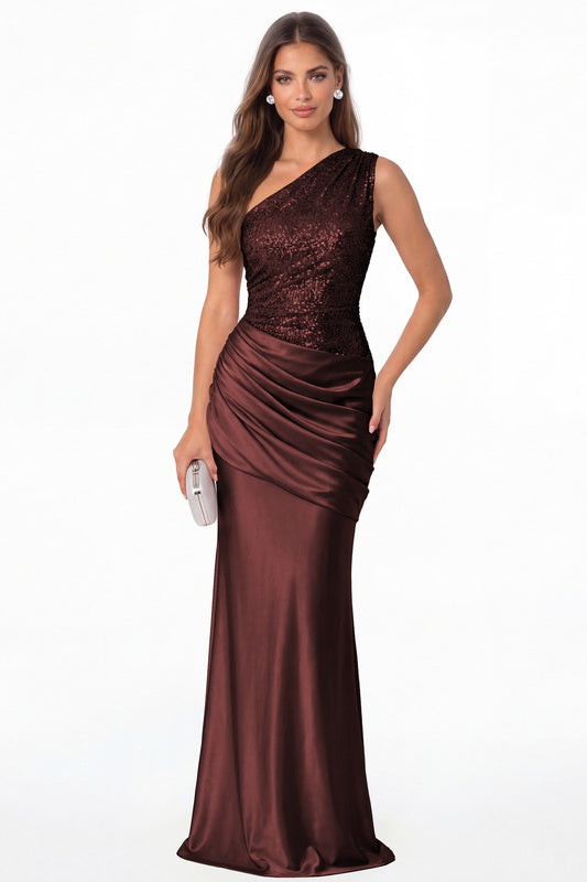 Burgundy One Shoulder Sequin Satin Maxi Prom Gown - Front View