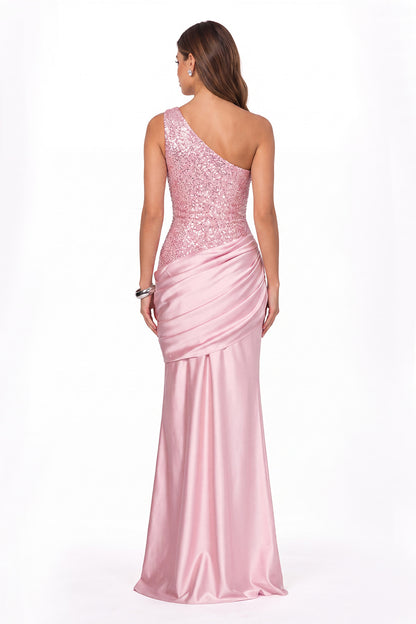 One Shoulder Sequin Satin Maxi Prom Gown - Back View