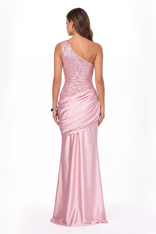 One Shoulder Sequin Satin Maxi Prom Gown - Back View