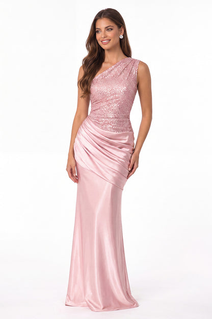 One Shoulder Sequin Satin Maxi Prom Gown - Detail View 1