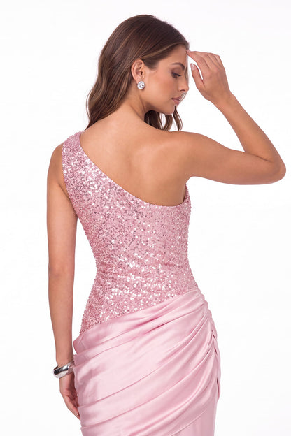 One Shoulder Sequin Satin Maxi Prom Gown - Detail View 4