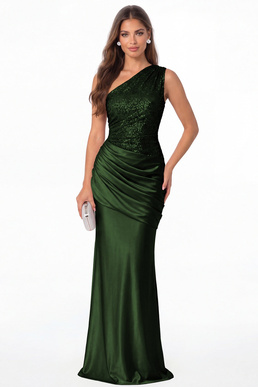 Emerald Green One Shoulder Sequin Satin Maxi Prom Gown - Front View