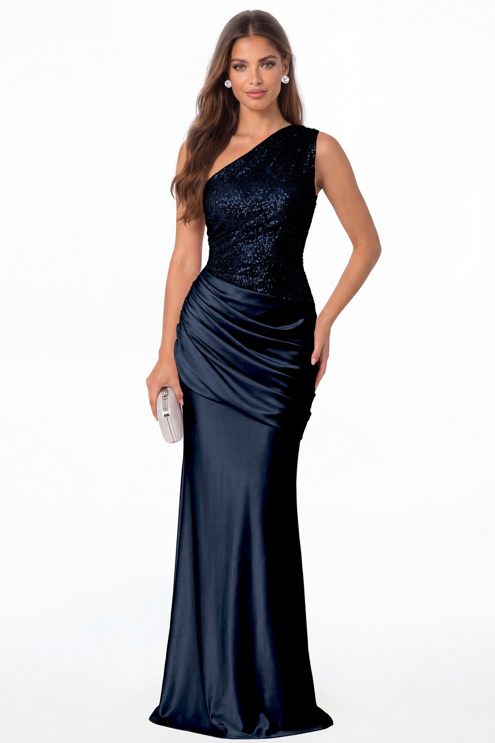 Navy Blue One Shoulder Sequin Satin Maxi Prom Gown - Front View