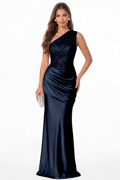 Navy Blue One Shoulder Sequin Satin Maxi Prom Gown - Front View