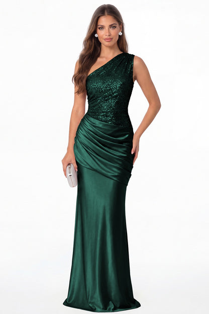 Peacock One Shoulder Sequin Satin Maxi Prom Gown - Front View