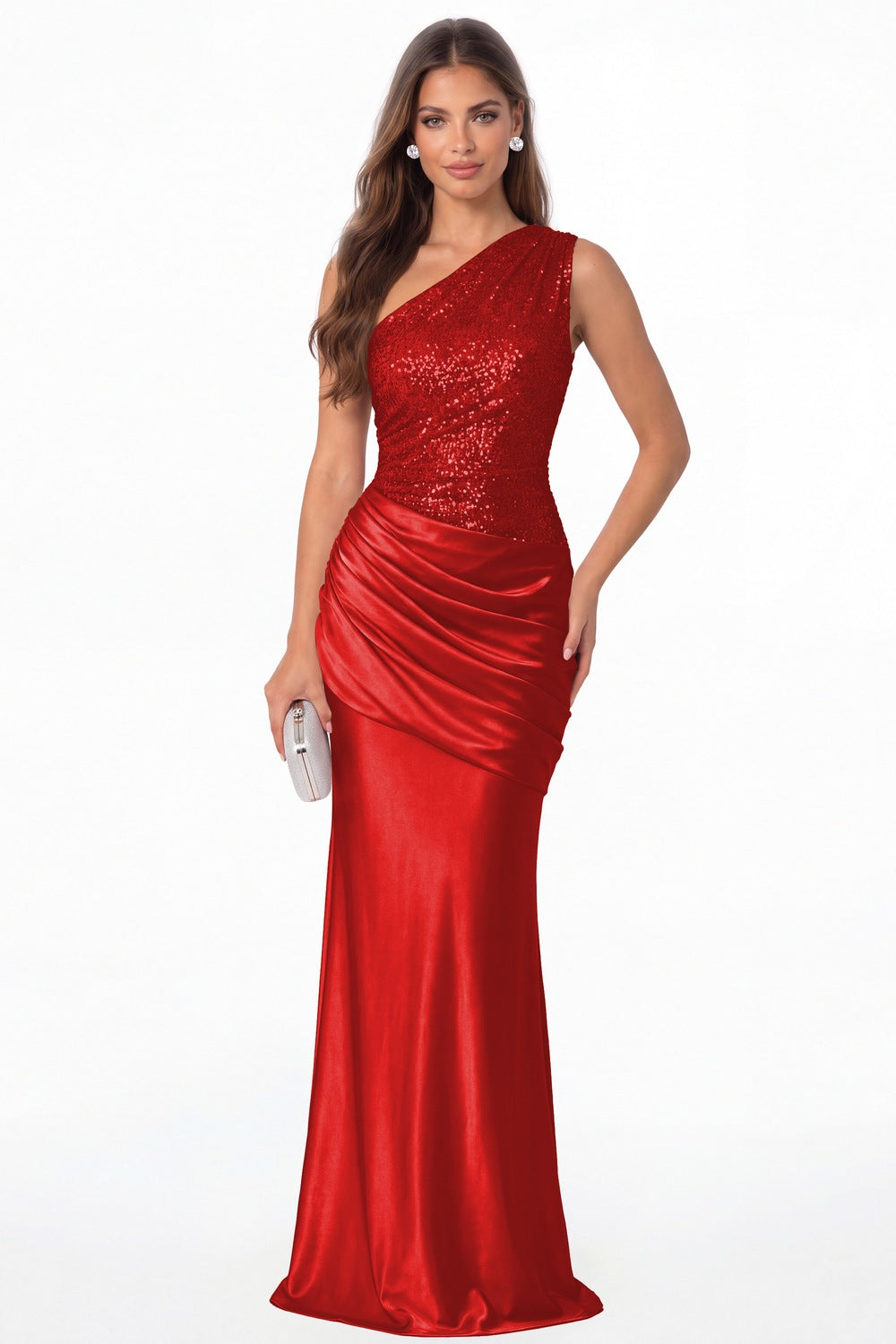Red One Shoulder Sequin Satin Maxi Prom Gown - Front View