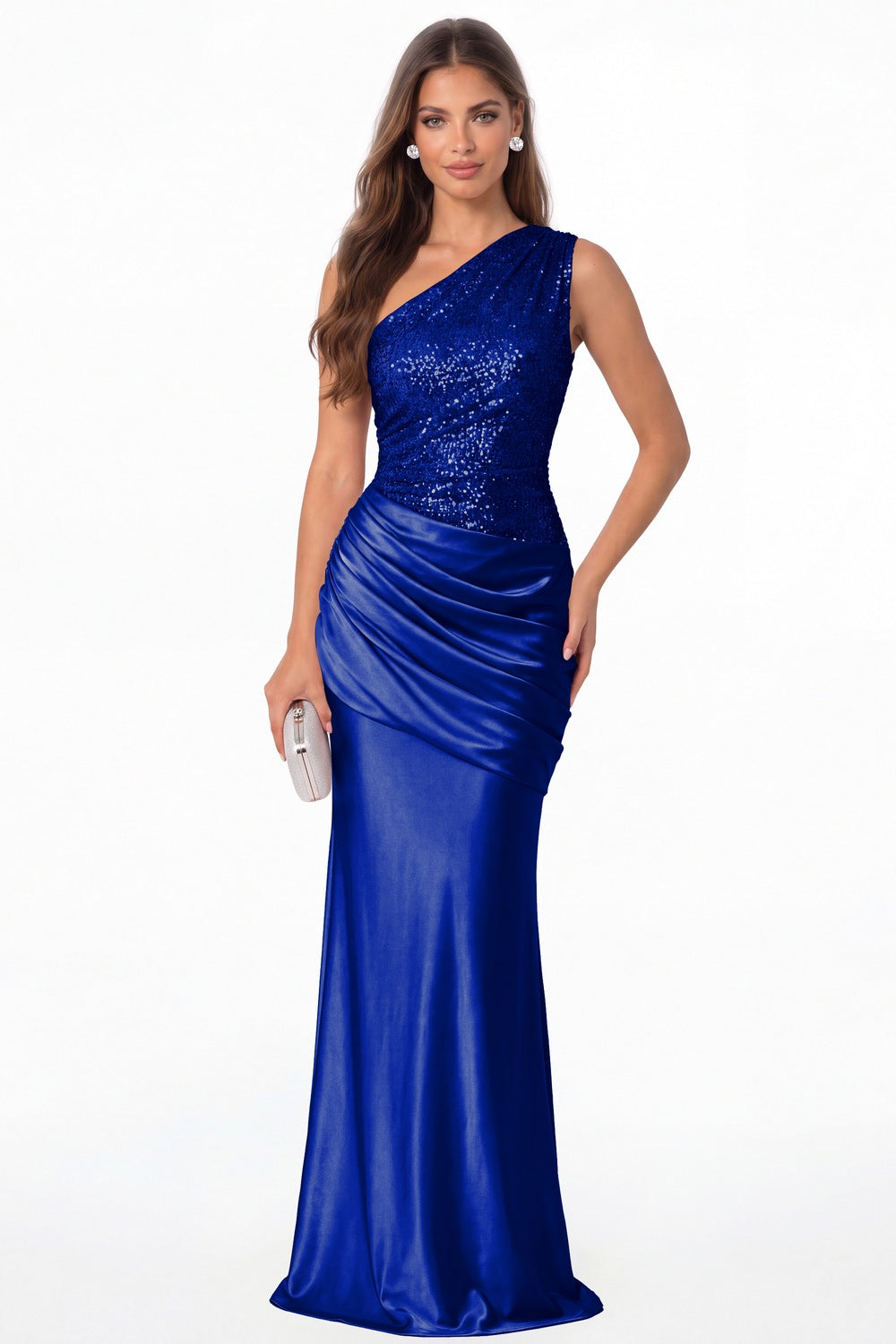 Royal Blue One Shoulder Sequin Satin Maxi Prom Gown - Front View