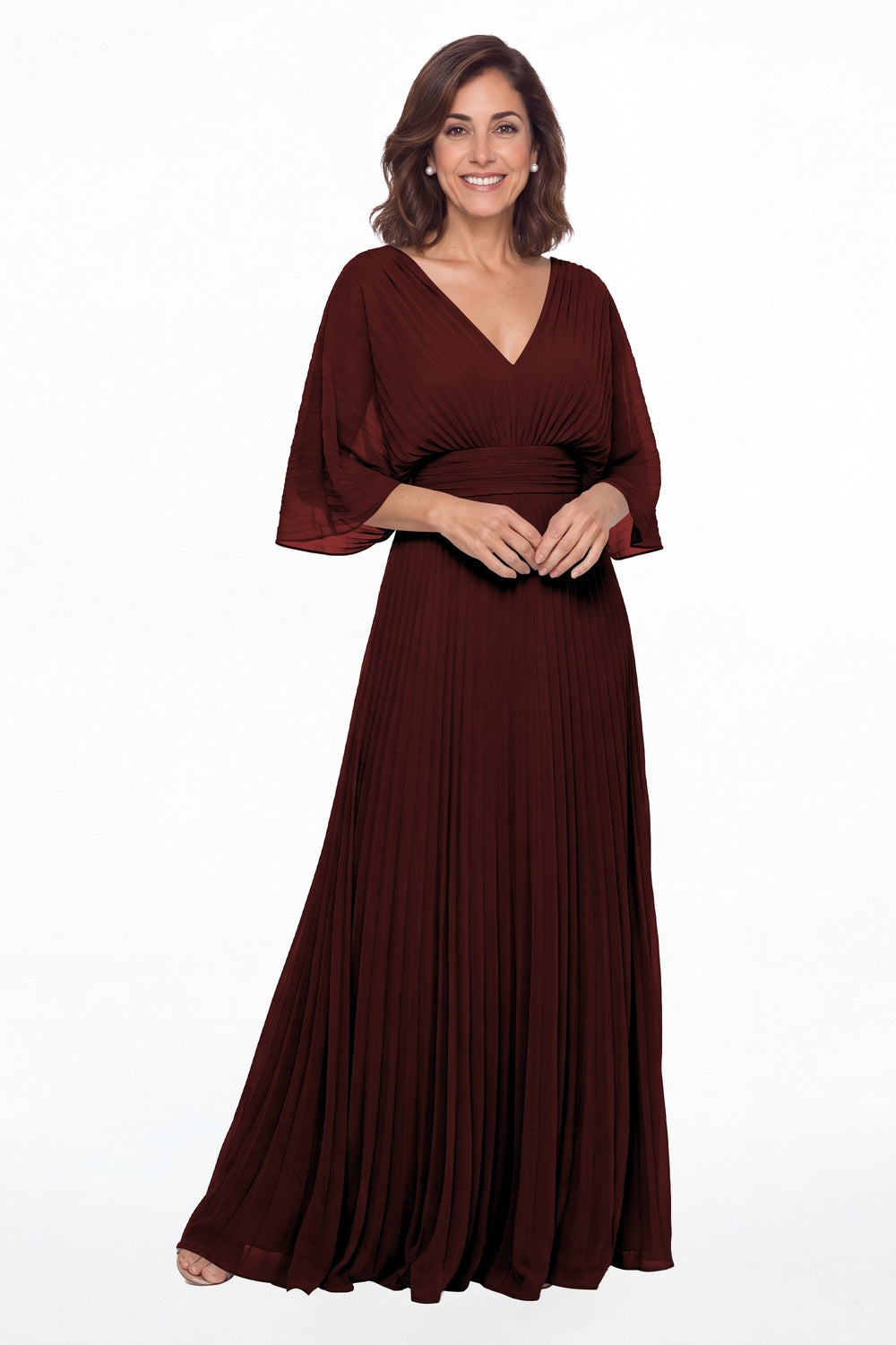 Burgundy V Neck Flutter Sleeve Chiffon Maxi Gown - Front View