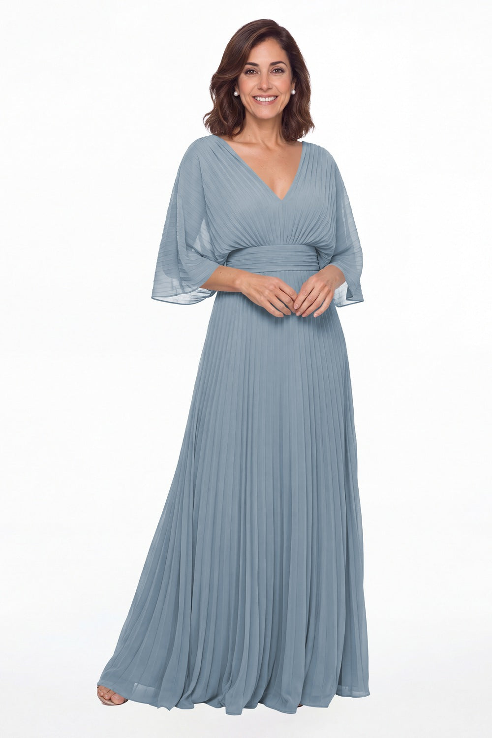 Dusty Blue V Neck Flutter Sleeve Chiffon Maxi Gown - Front View