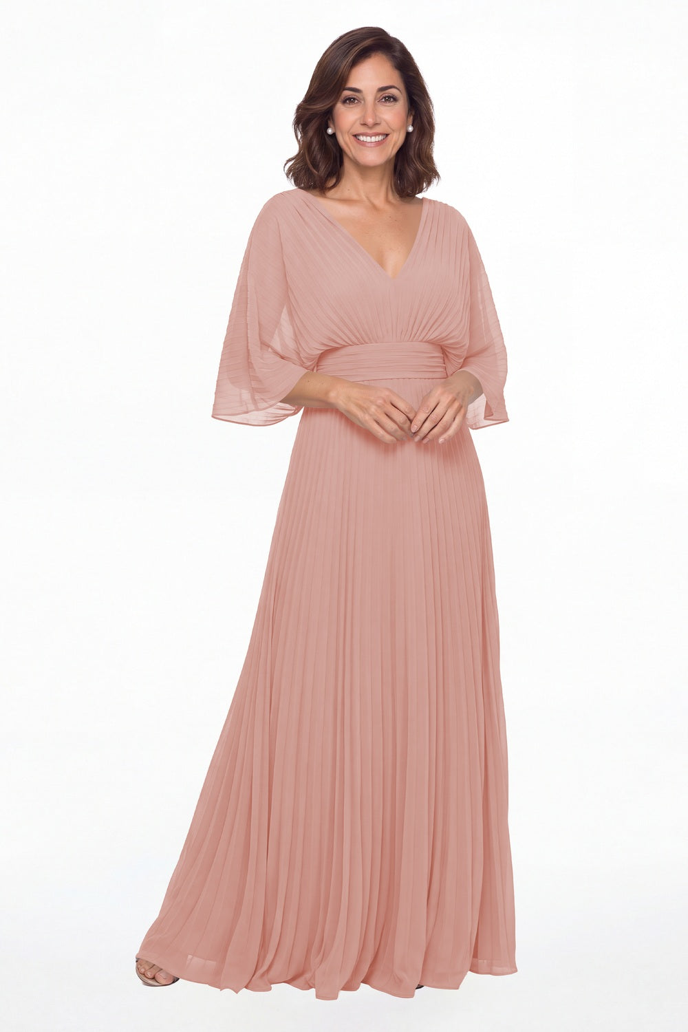 Dusty Rose V Neck Flutter Sleeve Chiffon Maxi Gown - Front View