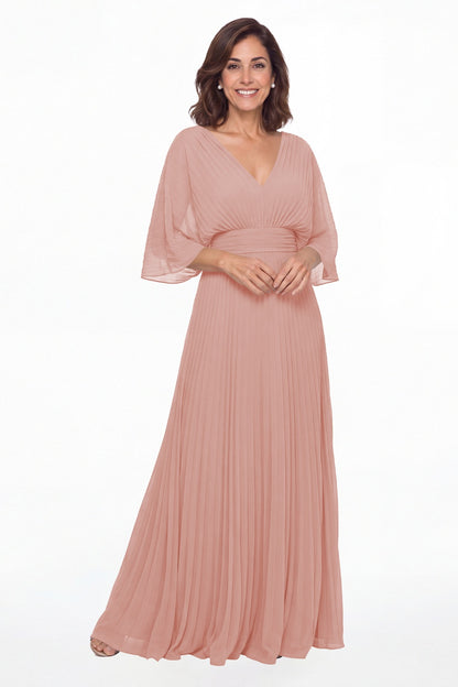 Dusty Rose V Neck Flutter Sleeve Chiffon Maxi Gown - Front View
