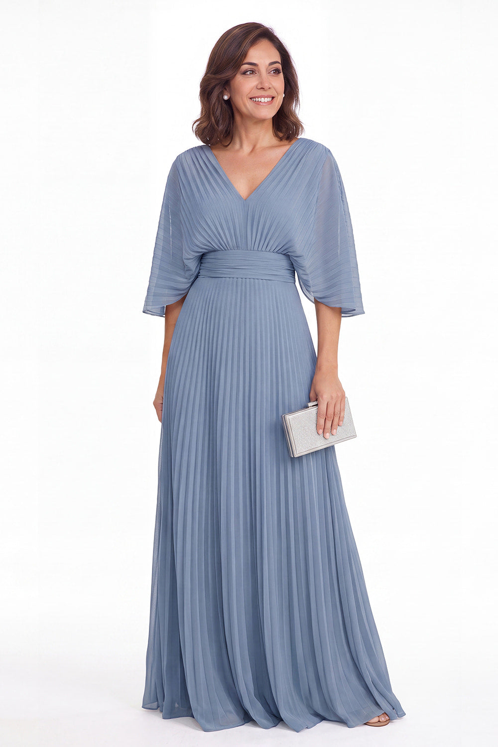 V Neck Flutter Sleeve Chiffon Maxi Gown - Detail View 1