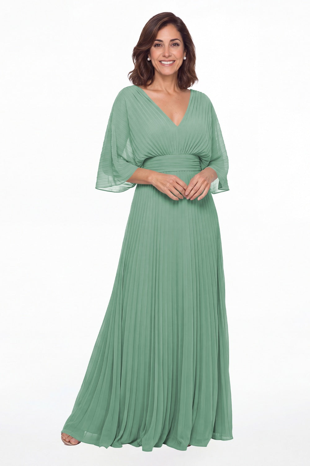 Eucalyptus V Neck Flutter Sleeve Chiffon Maxi Gown - Front View