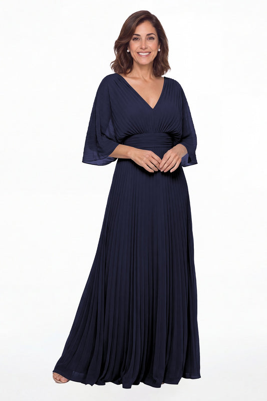 Navy Blue V Neck Flutter Sleeve Chiffon Maxi Gown - Front View