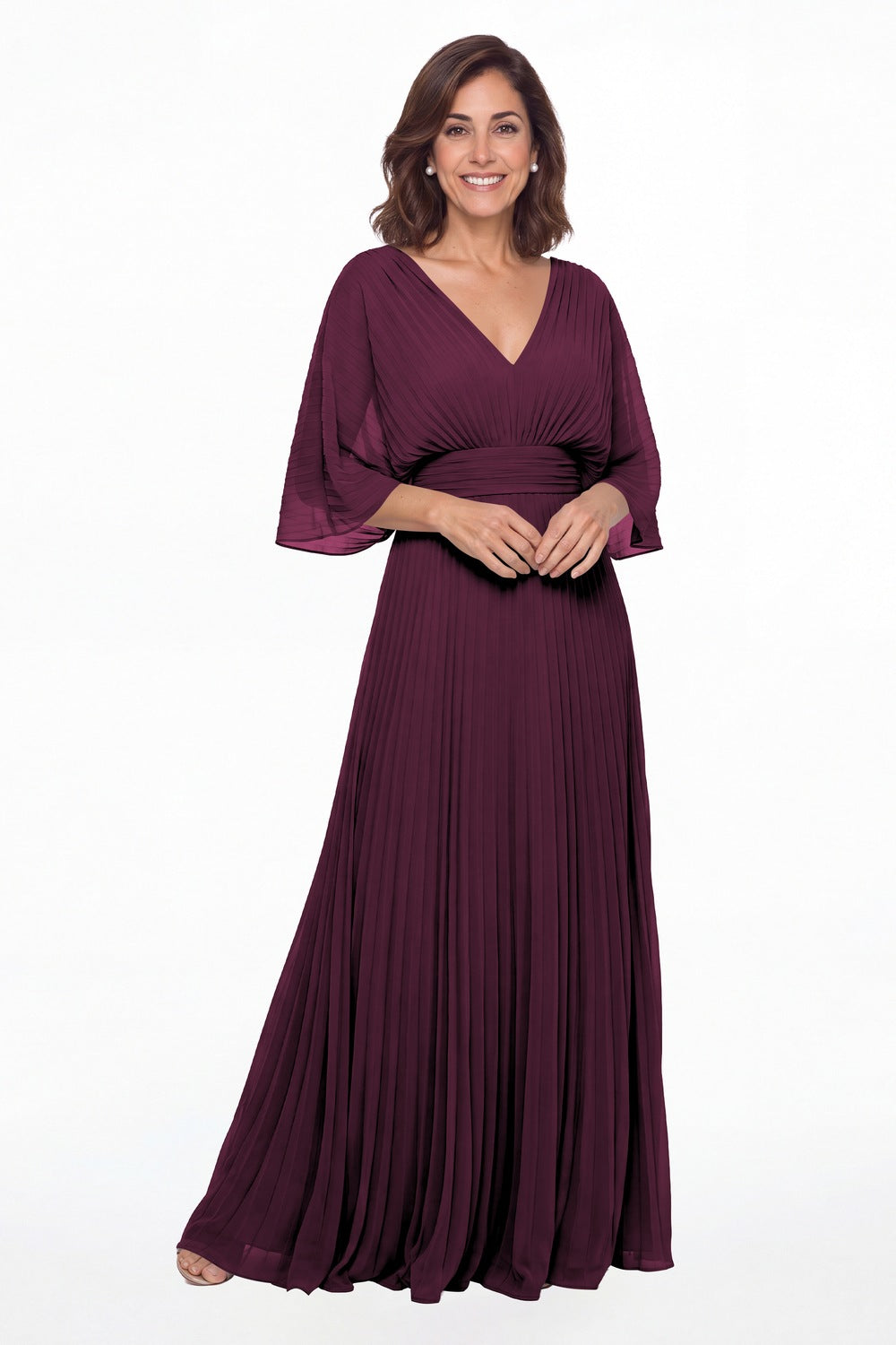 Plum V Neck Flutter Sleeve Chiffon Maxi Gown - Front View