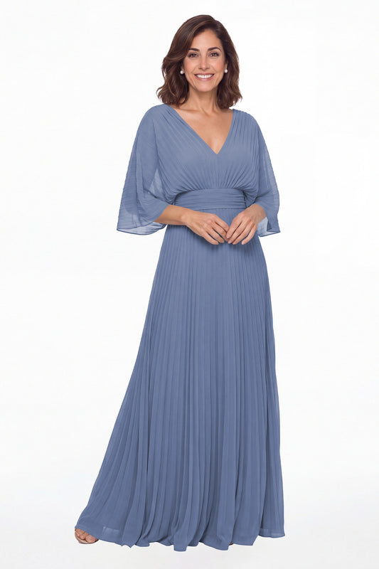 Steel Blue V Neck Flutter Sleeve Chiffon Maxi Gown - Front View