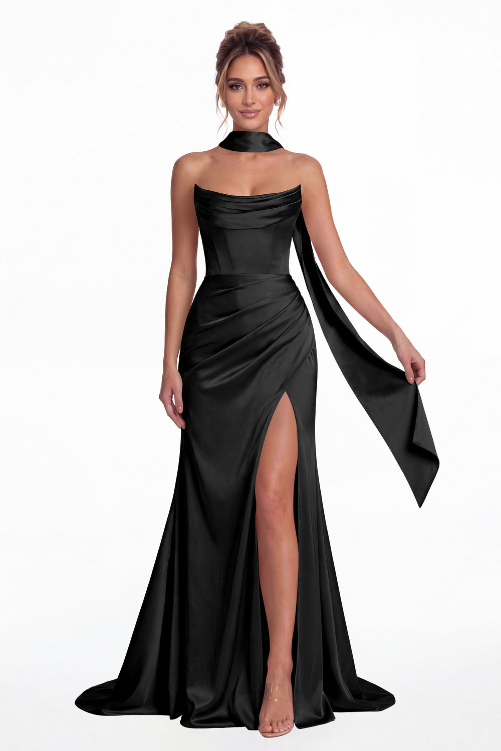 Black Strapless Ruched Corset Satin Slit Maxi Gown - Front View