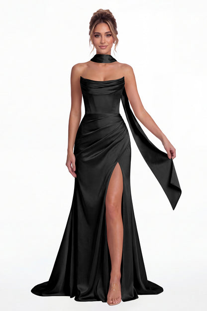 Black Strapless Ruched Corset Satin Slit Maxi Gown - Front View