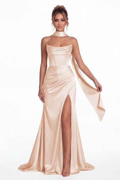 Blush Pink Strapless Ruched Corset Satin Slit Maxi Gown - Front View
