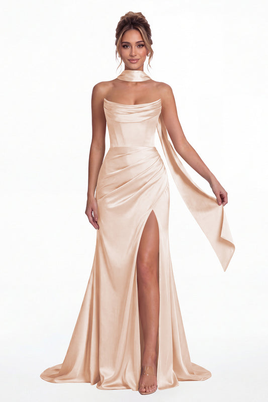 Blush Pink Strapless Ruched Corset Satin Slit Maxi Gown - Front View