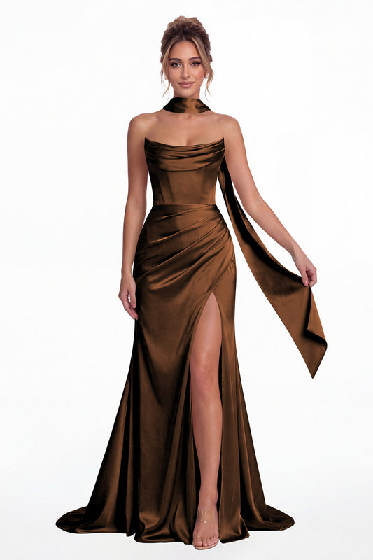 Brown Strapless Ruched Corset Satin Slit Maxi Gown - Front View