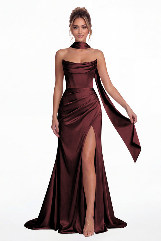 Burgundy Strapless Ruched Corset Satin Slit Maxi Gown - Front View