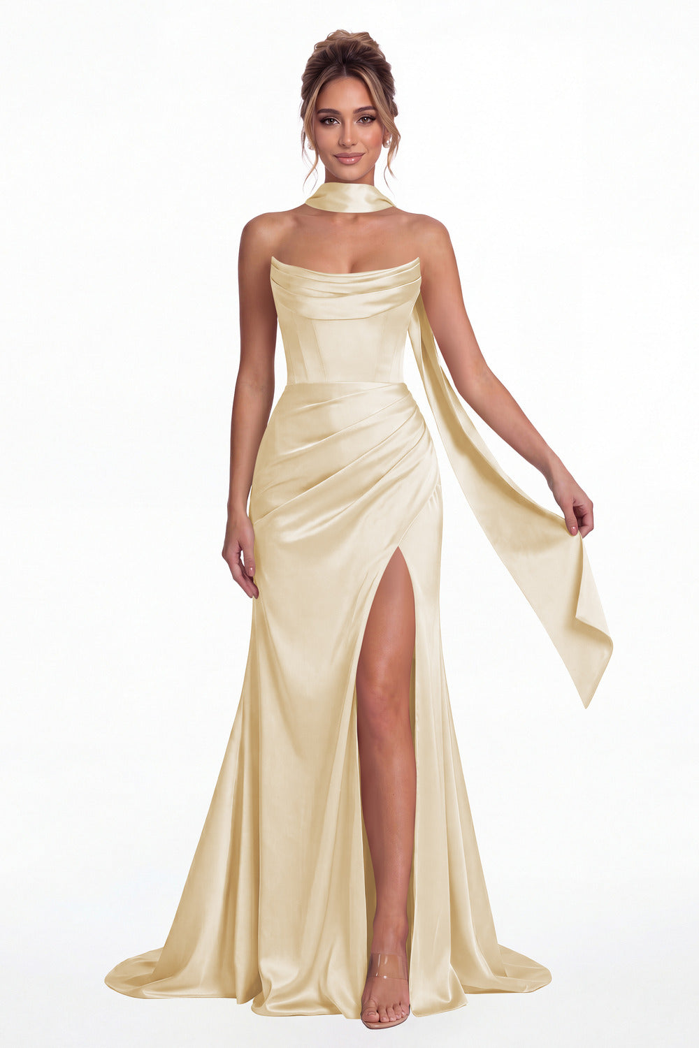 Champagne Strapless Ruched Corset Satin Slit Maxi Gown - Front View