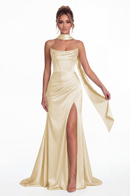 Champagne Strapless Ruched Corset Satin Slit Maxi Gown - Front View