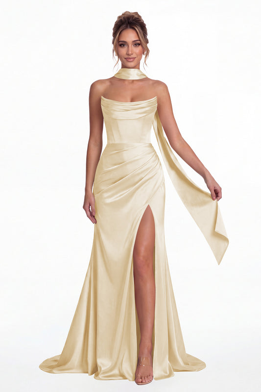 Champagne Strapless Ruched Corset Satin Slit Maxi Gown - Front View