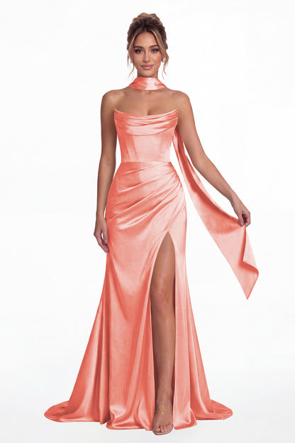 Coral Strapless Ruched Corset Satin Slit Maxi Gown - Front View
