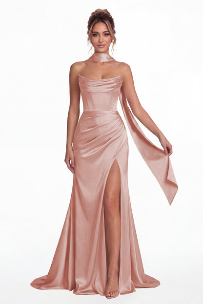 Dusty Rose Strapless Ruched Corset Satin Slit Maxi Gown - Front View