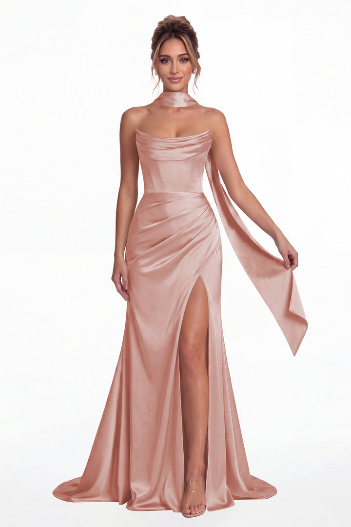 Dusty Rose Strapless Ruched Corset Satin Slit Maxi Gown - Front View