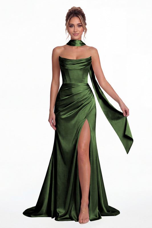 Emerald Green Strapless Ruched Corset Satin Slit Maxi Gown - Front View