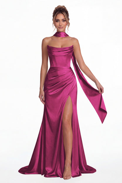 Fuchsia Strapless Ruched Corset Satin Slit Maxi Gown - Front View
