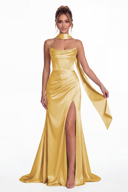 Gold Strapless Ruched Corset Satin Slit Maxi Gown - Front View