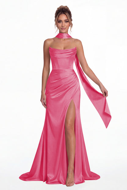 Hot Pink Strapless Ruched Corset Satin Slit Maxi Gown - Front View