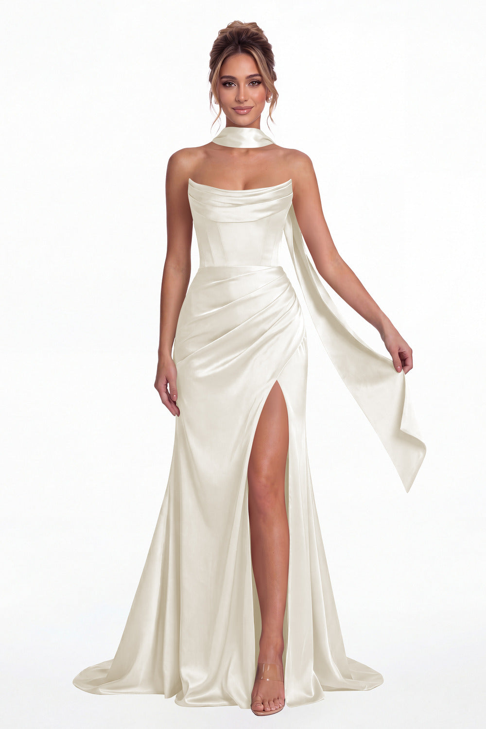 Ivory Strapless Ruched Corset Satin Slit Maxi Gown - Front View